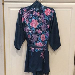 Victoria's Secret Navy Floral Satin Kimono Robe with Pink & Purple Flowers
